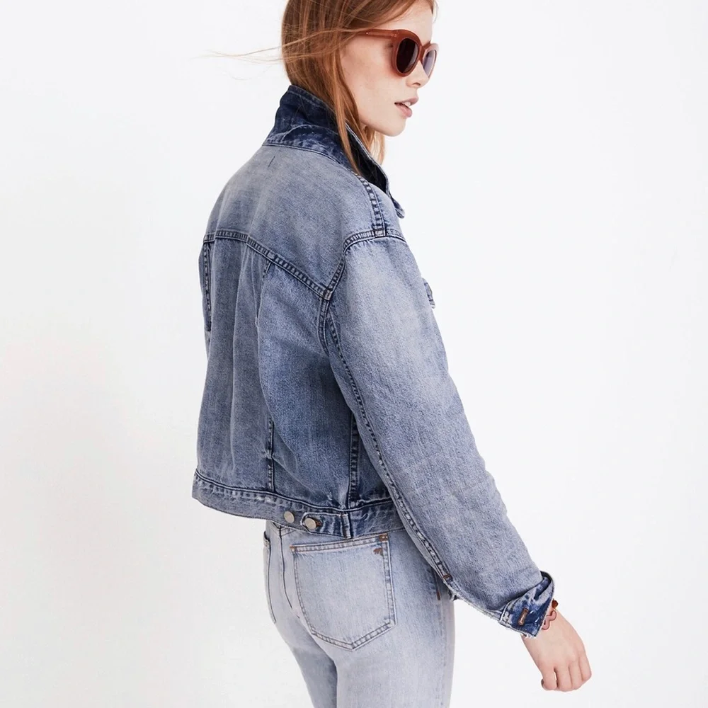 Madewell The Boxy Crop Jean Jacket in Woodcourt Wash XS Preppy Classic Denim - Picture 2 of 14